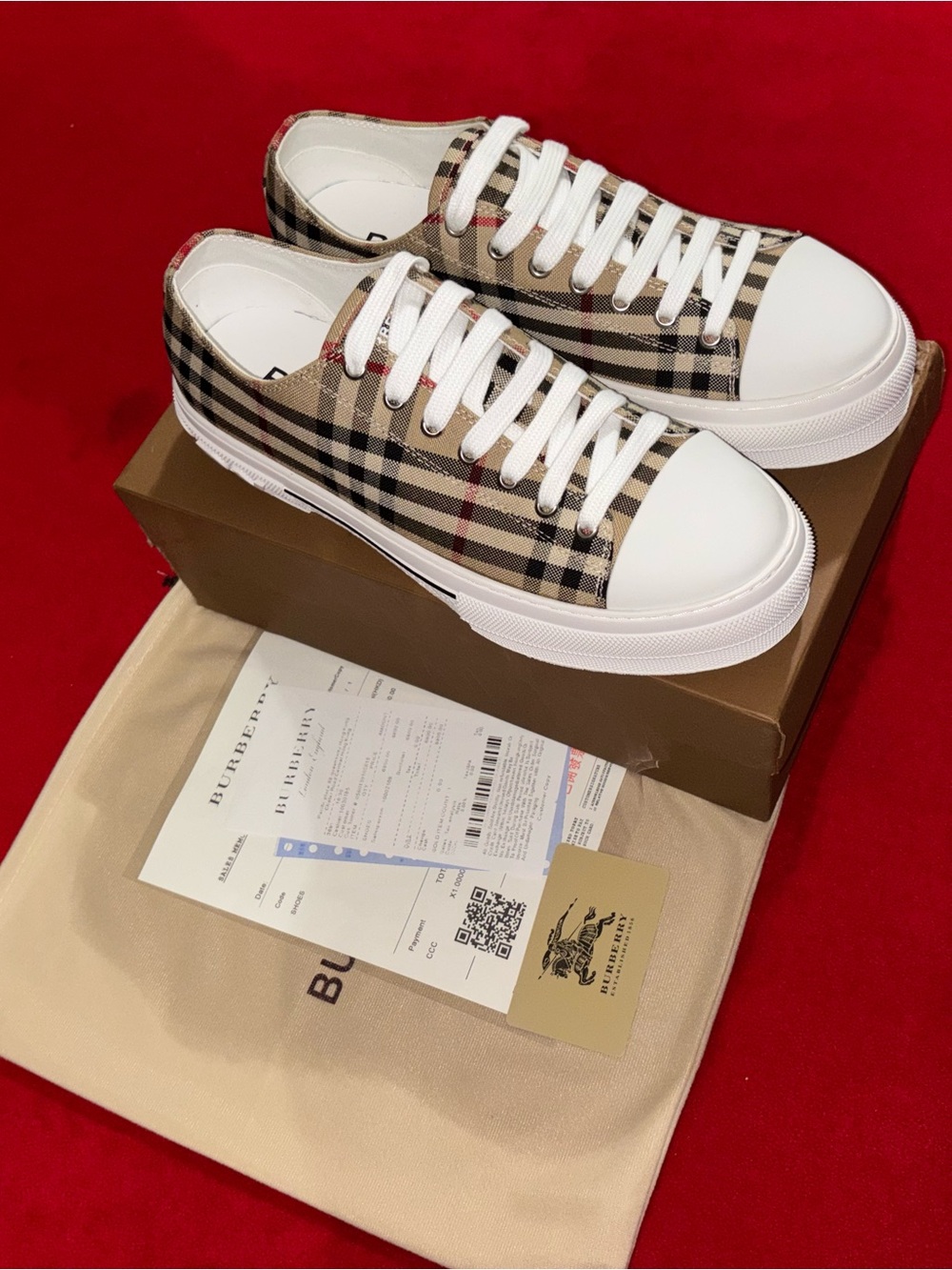 Burberry Tan Plaid Low-Top Sneakers with White Soles